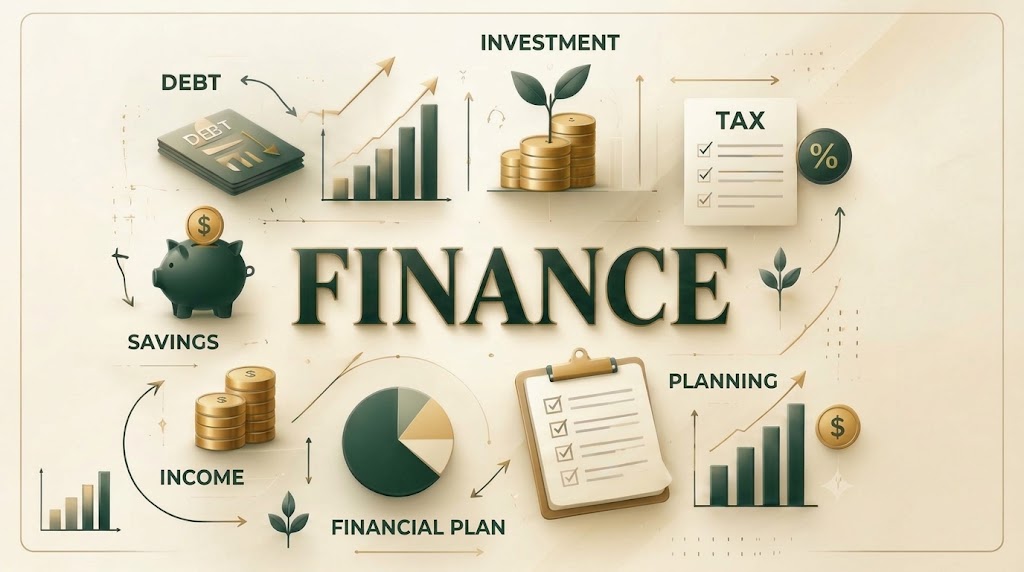 Illustration of finance topics: debt, investment, tax, savings, income, planning and a financial plan.
