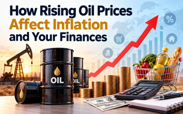 Infographic showing how rising oil prices feed into inflation and everyday household expenses