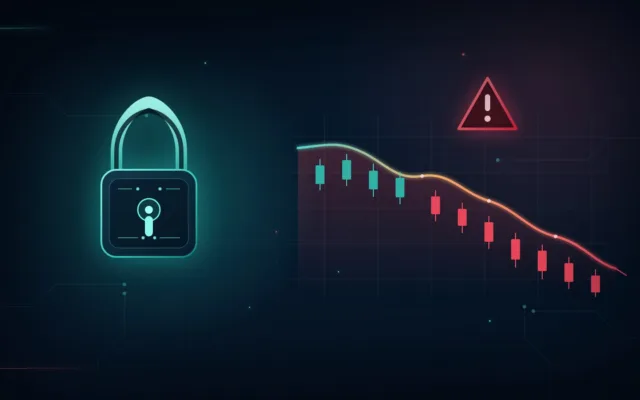 Cryptocurrency security breach with a digital lock, warning symbol, and falling market chart.