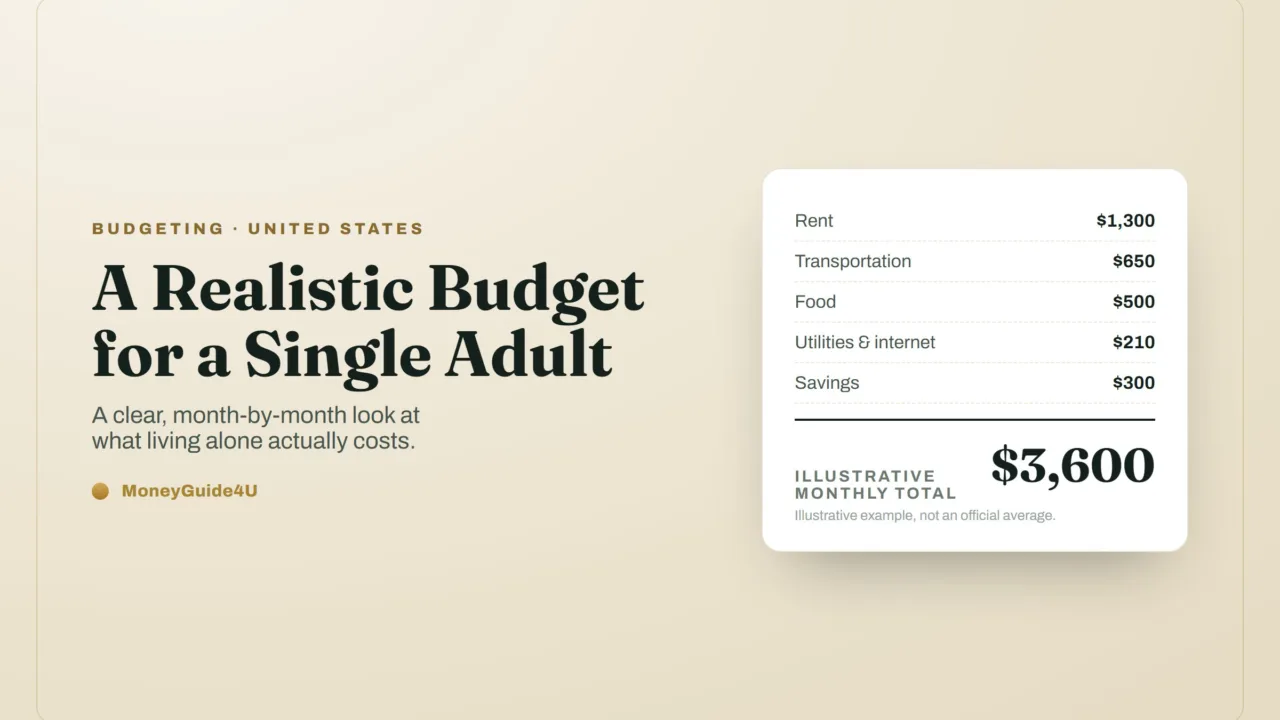 Editorial illustration of a monthly budget for a single adult, showing an illustrative $3,600 monthly total.