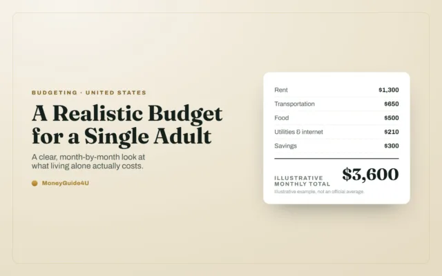 Editorial illustration of a monthly budget for a single adult, showing an illustrative $3,600 monthly total.