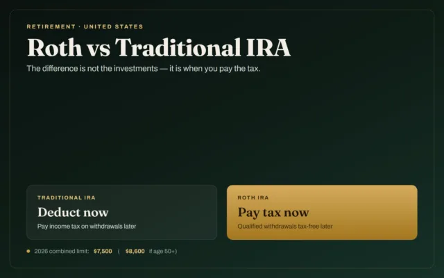 Illustration comparing a Roth IRA and a traditional IRA, noting the 2026 combined contribution limit of $7,500, or $8,600 for those age 50 and older.